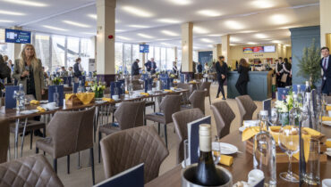 Furniture in the Centenary restaurant, hosted in a triple deck temporary structure. All supplied by GL events