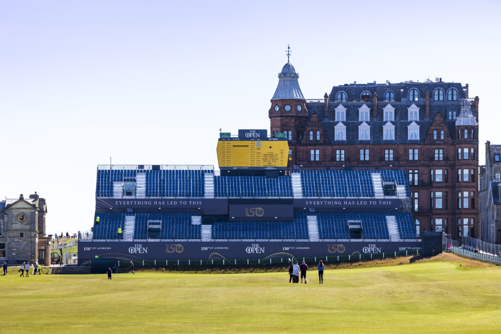 Temporary grandstand at the 18th hole, 150th Open Championship, St Andrews. Supplied by GL events UK