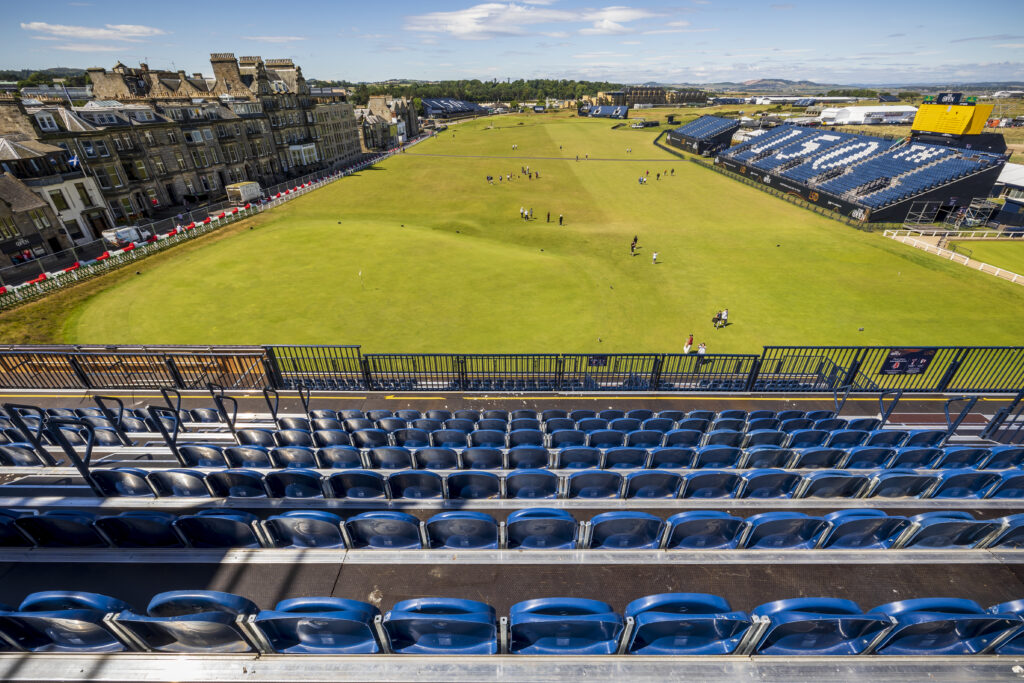 Temporary tiered grandstand, 18th hole, The 150th Open Championship at St Andrews. Supplied by GL events UK