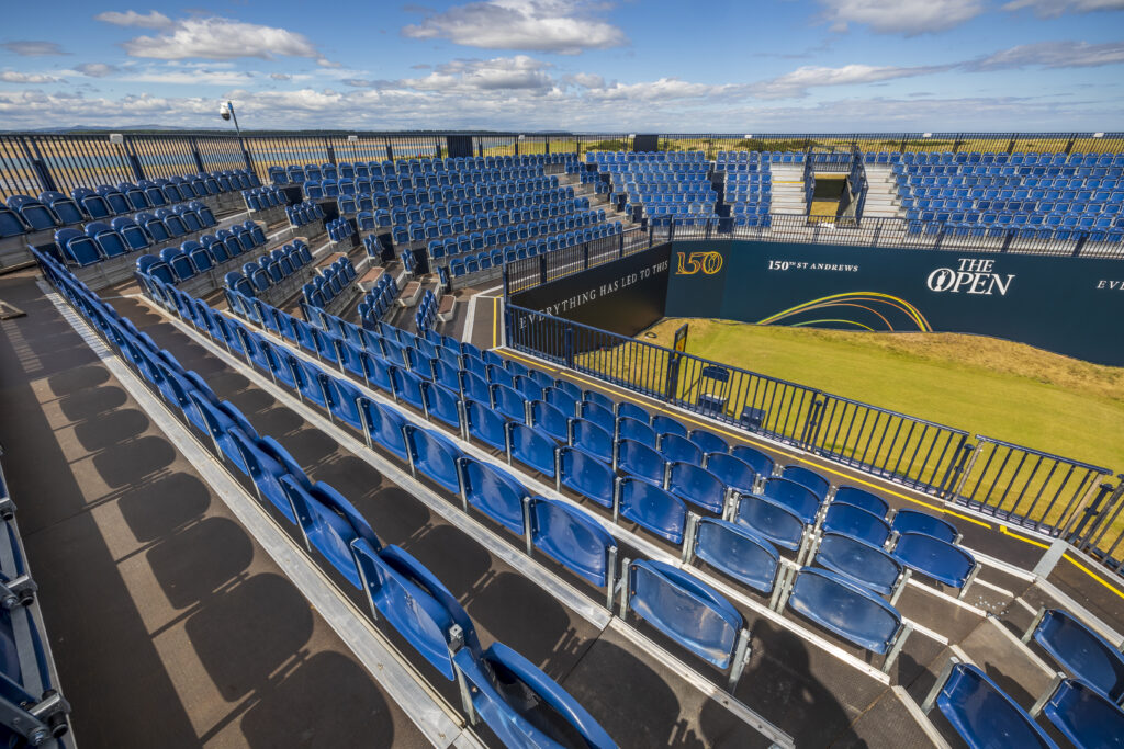 Temporary U-shaped grandstand at The 150th Open Championship, St Andrews. Supplied by GL events UK