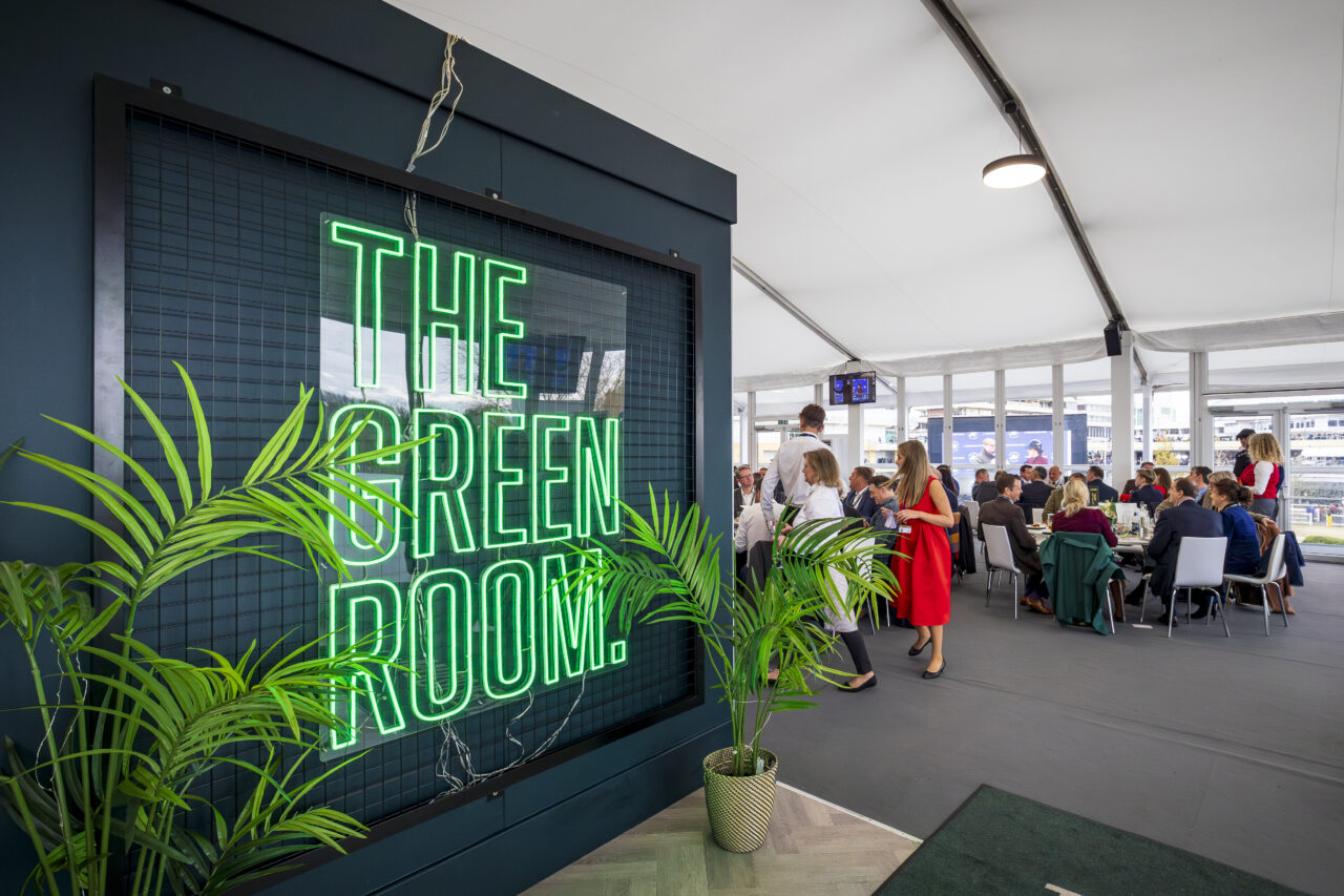 The green room neon sign at cheltenham festival fit out by GL events UK