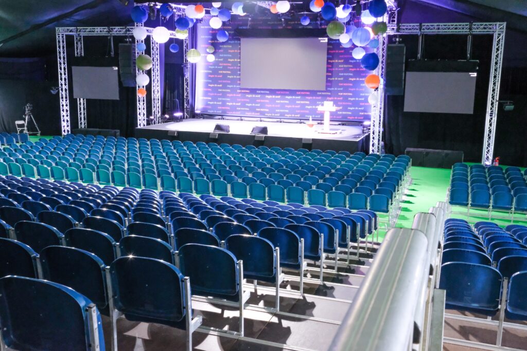 Temporary theatre and seminar areas, Hay Festival. structures and seating supplied by GL events UK