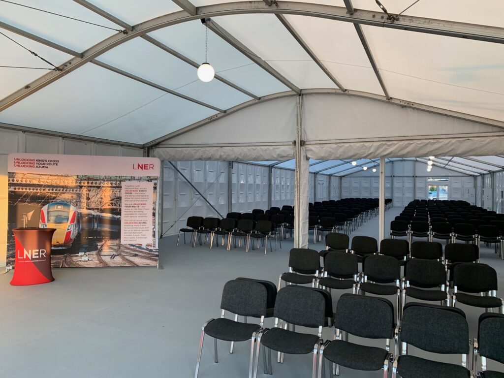 Temporary waiting room LNER Peterborough train station. Temporary structures and seating provided by GL events UK