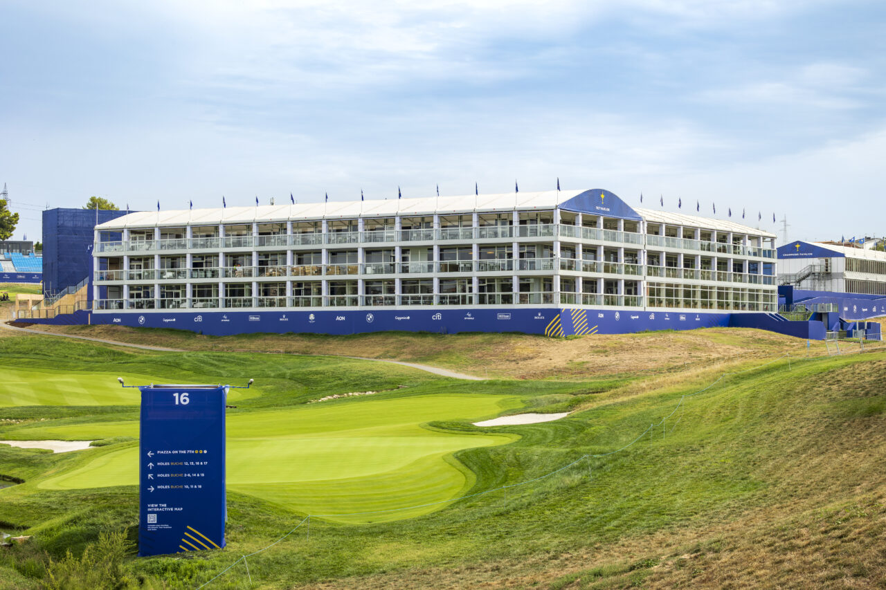 Exterior of QWAD temporary structure at Ryder Cup, supplied by GL events UK
