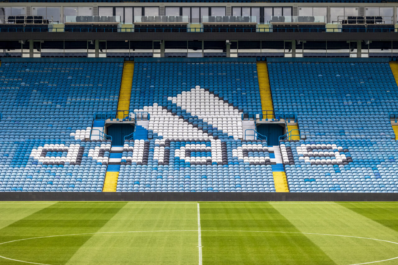 Adidas logo incorporated into seating at Elland Road. Seating supplied by Stadia by GL events