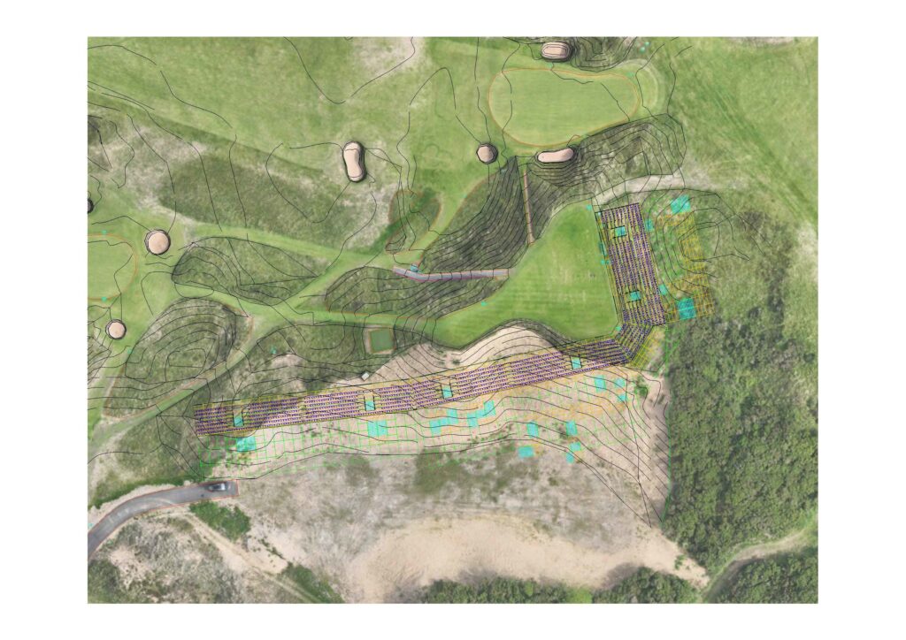 Topography of the 8th Tee at Royal Troon. Temporary grandstand seating designed and delivered by GL events UK for the Open Championship