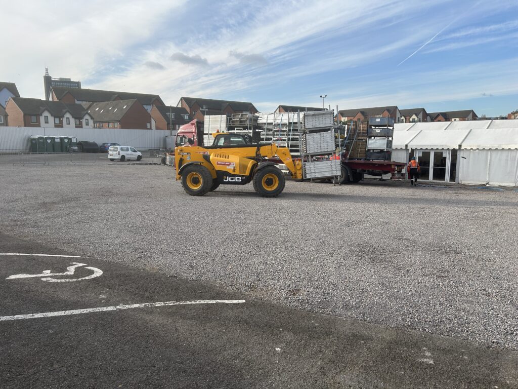 Work by GL events UK in progress, to install temporary seating at Newport County's Rodney Parade ground