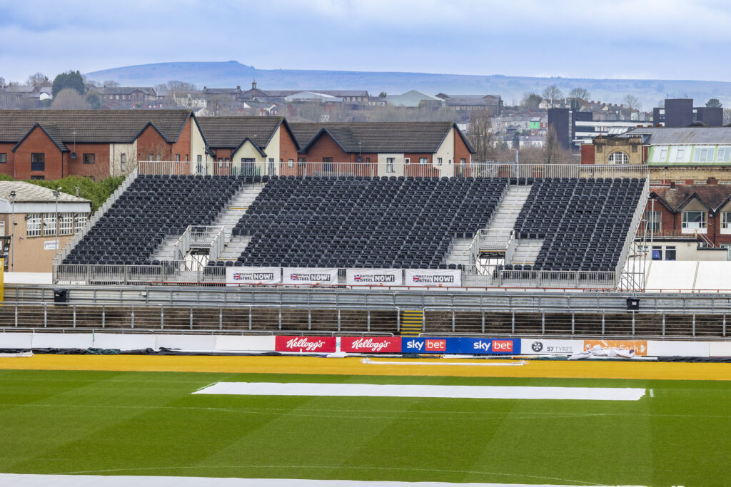 Temporary seating at Newport County's Rodney Parade ground, installed by GL events UK