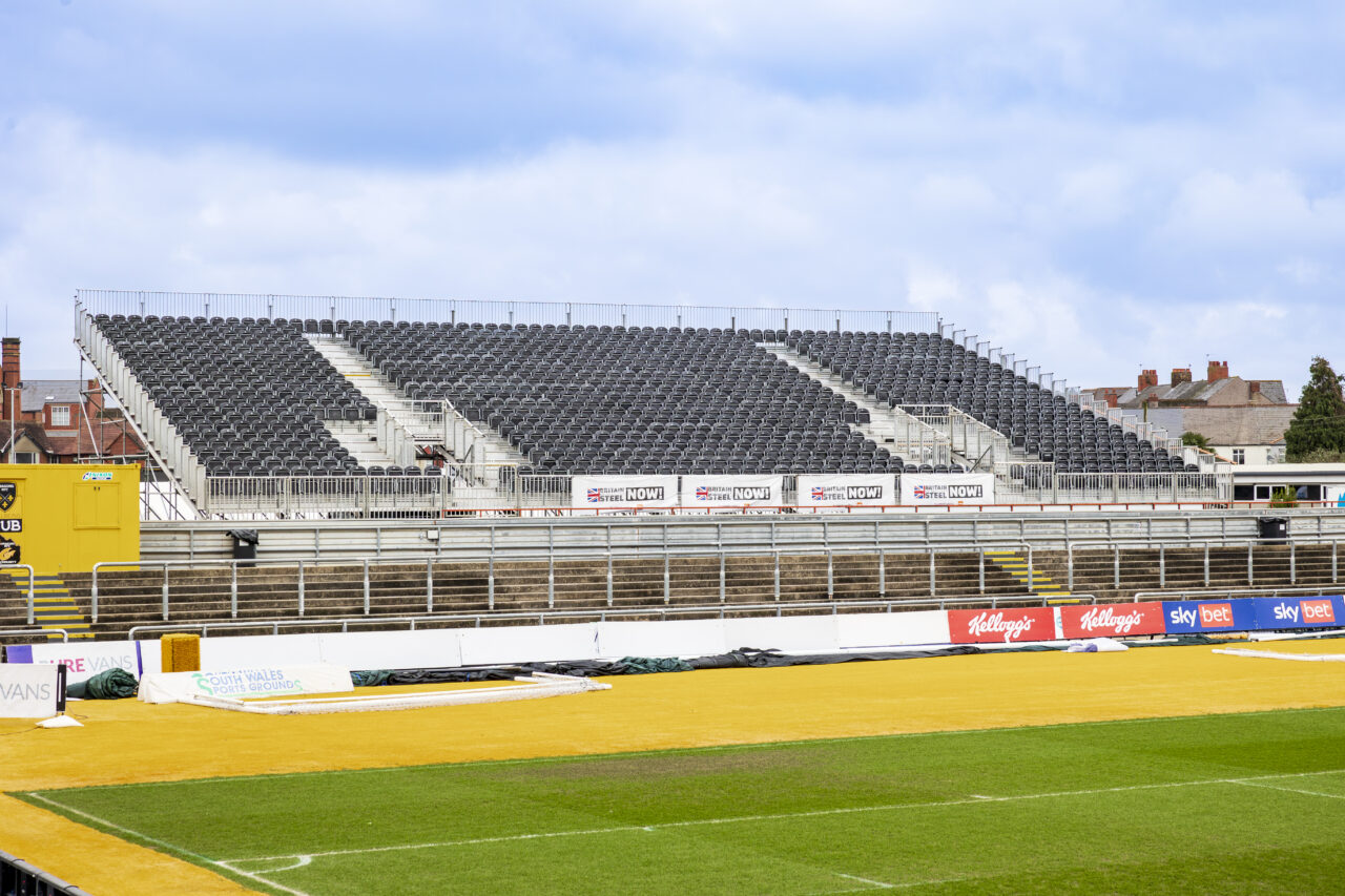 Additional seating at Newport Rodney Parade for FA cup match against Manchester United, supplied by GL events UK