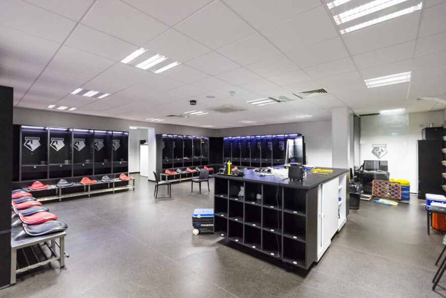 Changing room at Watford FC, stadium redevelopment, Stadia by GL events UK
