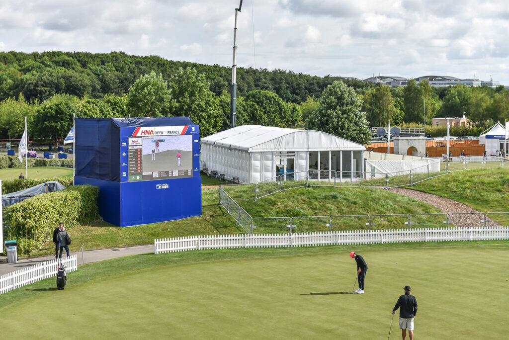 Leaderboard and temporary structure at HNA Open De France, supplied by GL events UK