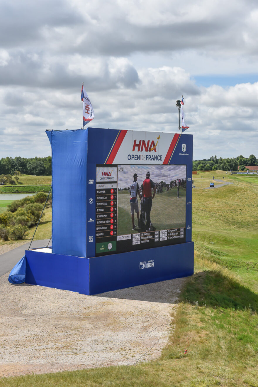 Leaderboard and screen HNA Open De France, supplied by GL events UK