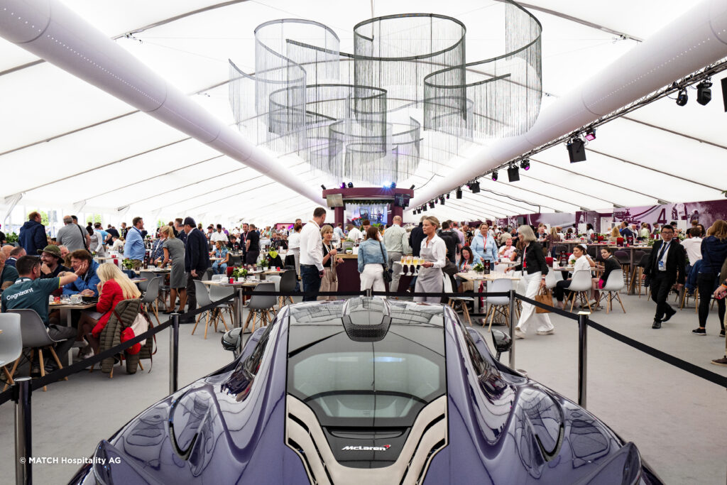 McLaren car in Match Hospitality Fusion Lounge, Silverstone F1. Temporary structures provided by GL events UK