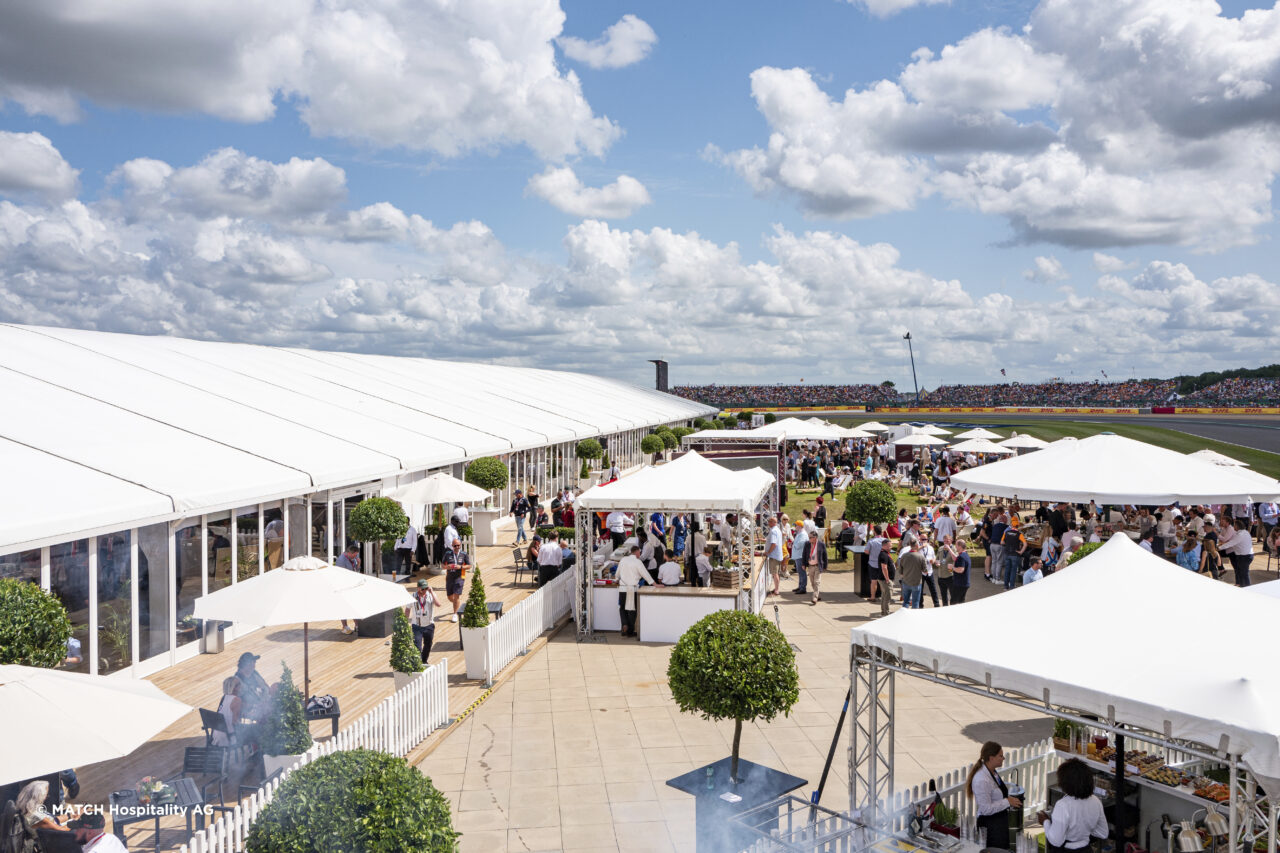 Temporary structures at Match Hospitality Fusion Lounge, F1, Silverstone. Provided by GL events UK