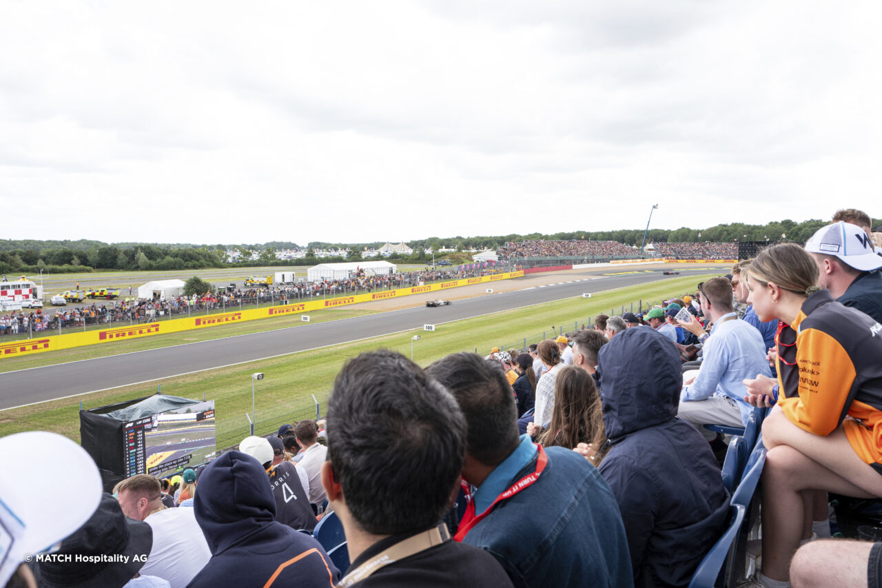 Spectators at F1, Silverstone. Match Hospitality Octane Terrace. Temporary seating and structures provided by GL events UK
