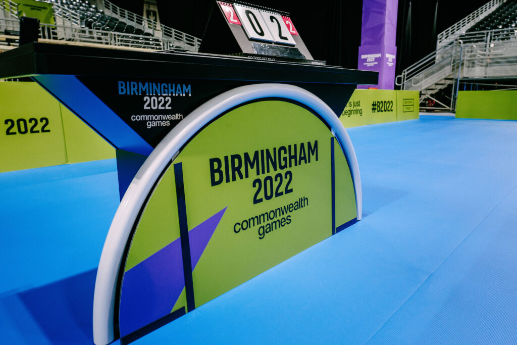 Table tennis courts at Birmingham Commonwealth Games 2022,  The National Exhibition Centre. Overlay provided by GL events UK
