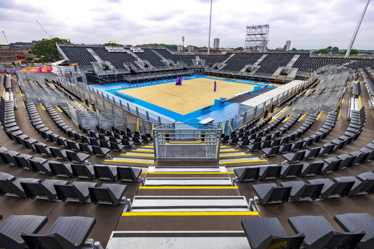 Birmingham 2022 Commonwealth Games, seating and courts at Smithfield, Beach Volleyball and basketball. Provided by GL events UK