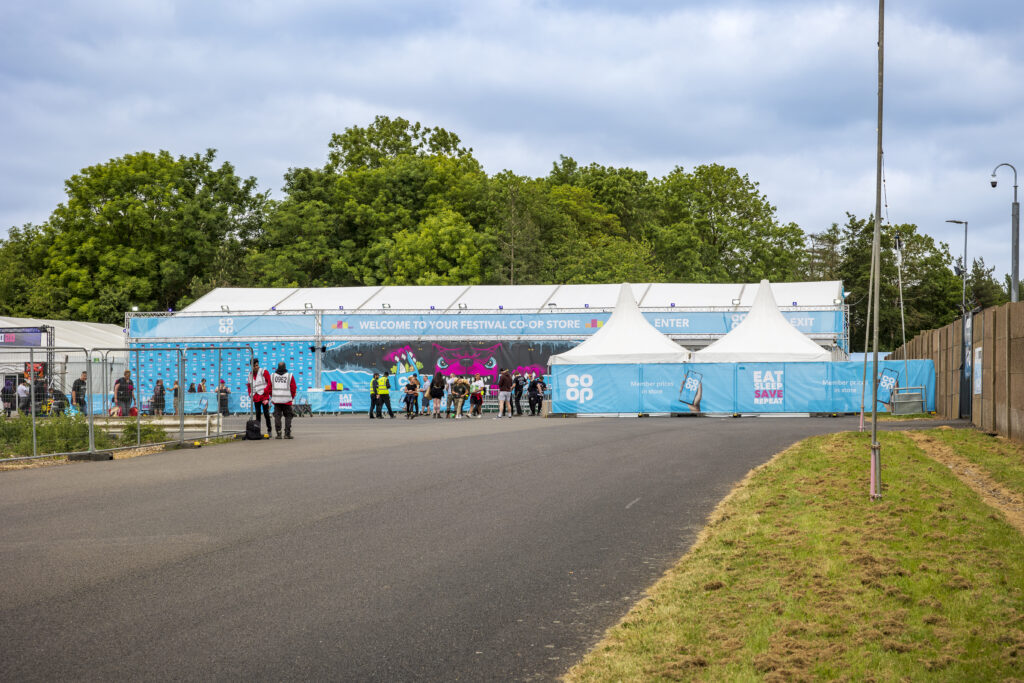 Exterior of Co-op pop up supermarket at Download. Temporary structure provided by GL events UK