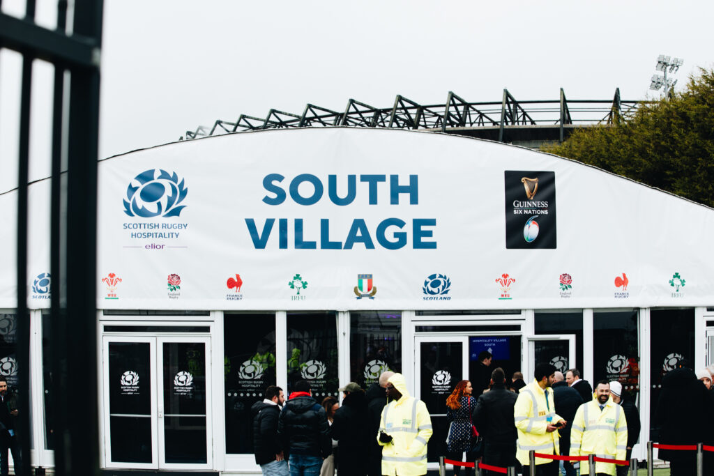 Temporary structures at South Village at Murrayfield Six Nations, provided by GL events UK and Field and Lawn