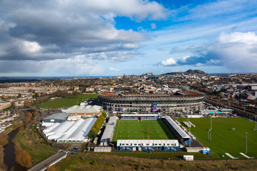 Ariel view of hospitality village at Six Nations Rugby, Murrayfield. Temporary structures provided by GL events UK and Field & Lawn