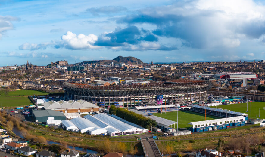 Ariel view of hospitality village at Six Nations Rugby, Murrayfield. Temporary structures provided by GL events UK and Field & Lawn