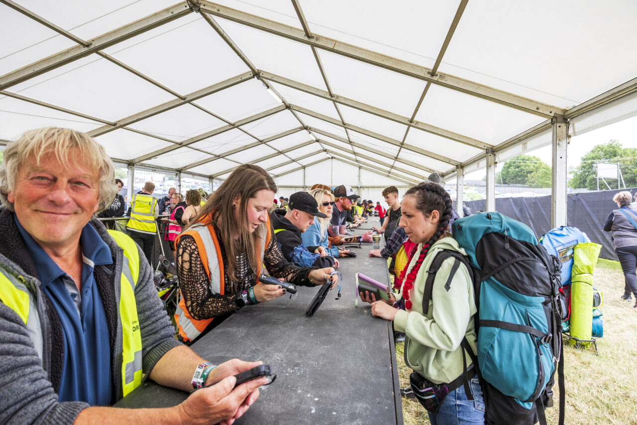 Temporary festival marquee for ticketing and bag checks at download festival