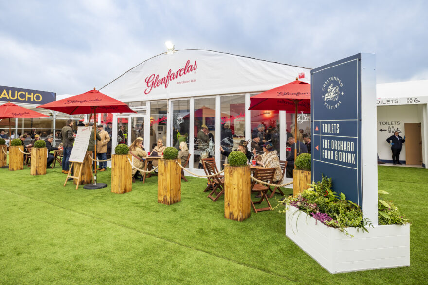 Branded gable on a GL events temporary structure at Cheltenham festival 2024