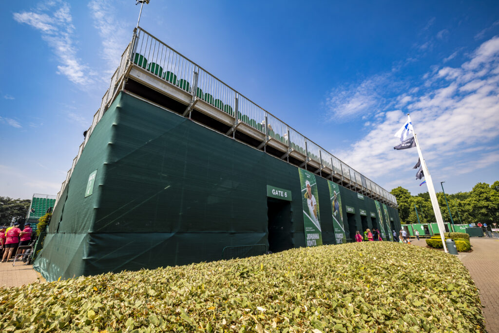 Temporary grandstand seating at Rothsay Open Tennis Notts 2023, provided by GL events UK