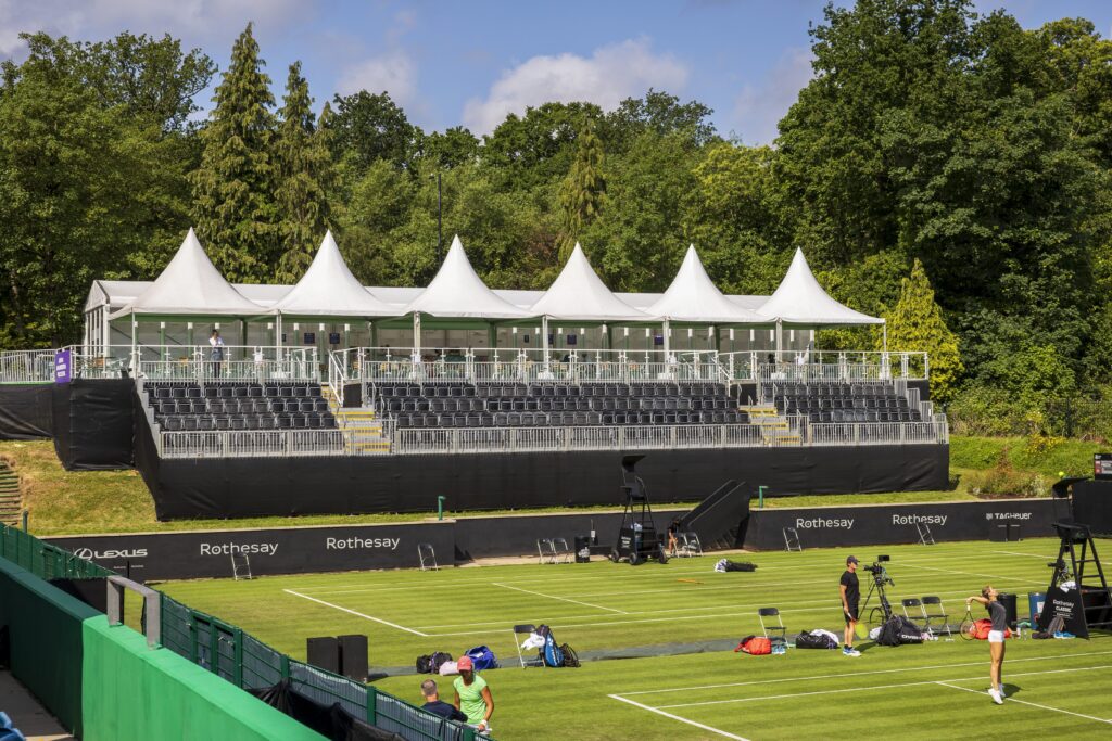 Temporary hospitality structures and temporary grandstand seating at Rothesay Classic Birmingham 2023. Supplied by GL events UK