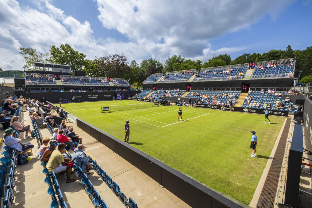 Temporary grandstand seating at Rothesay Classic Birmingham 2023, provided by GL events UK