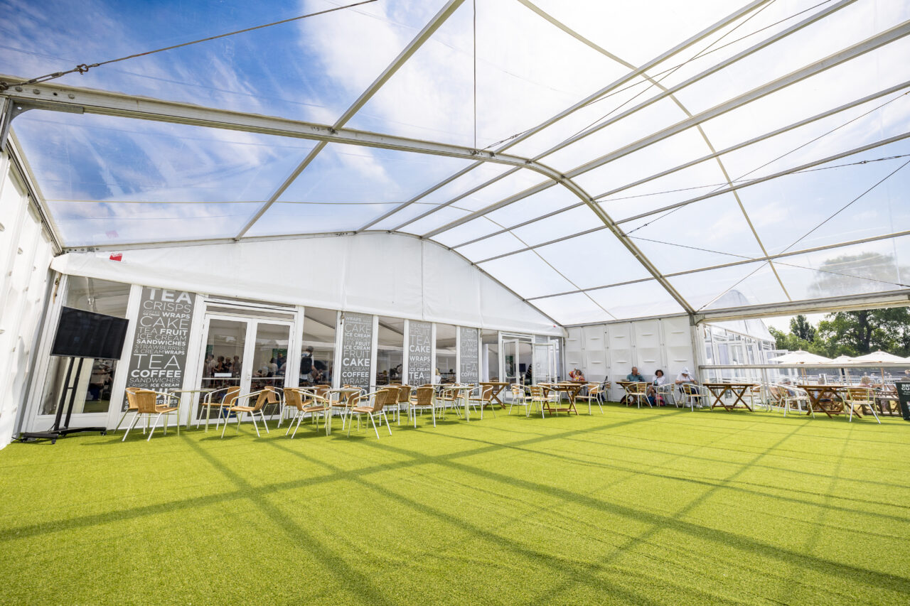 Clearview temporary structure in hospitality and catering area at Rothesay Open Tennis Notts 2023. Supplied by GL events UK
